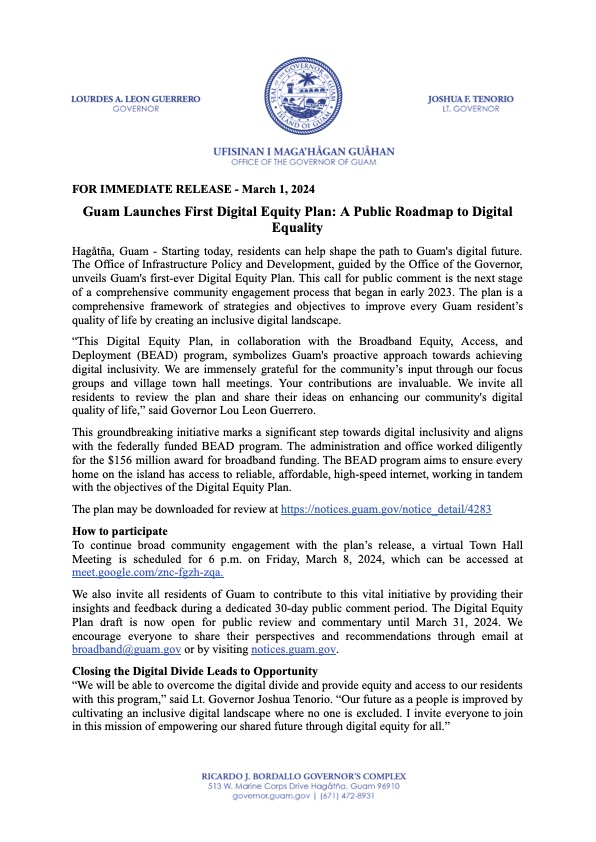Guam Launches First Digital Equity Plan: A Public Roadmap to Digital Equality