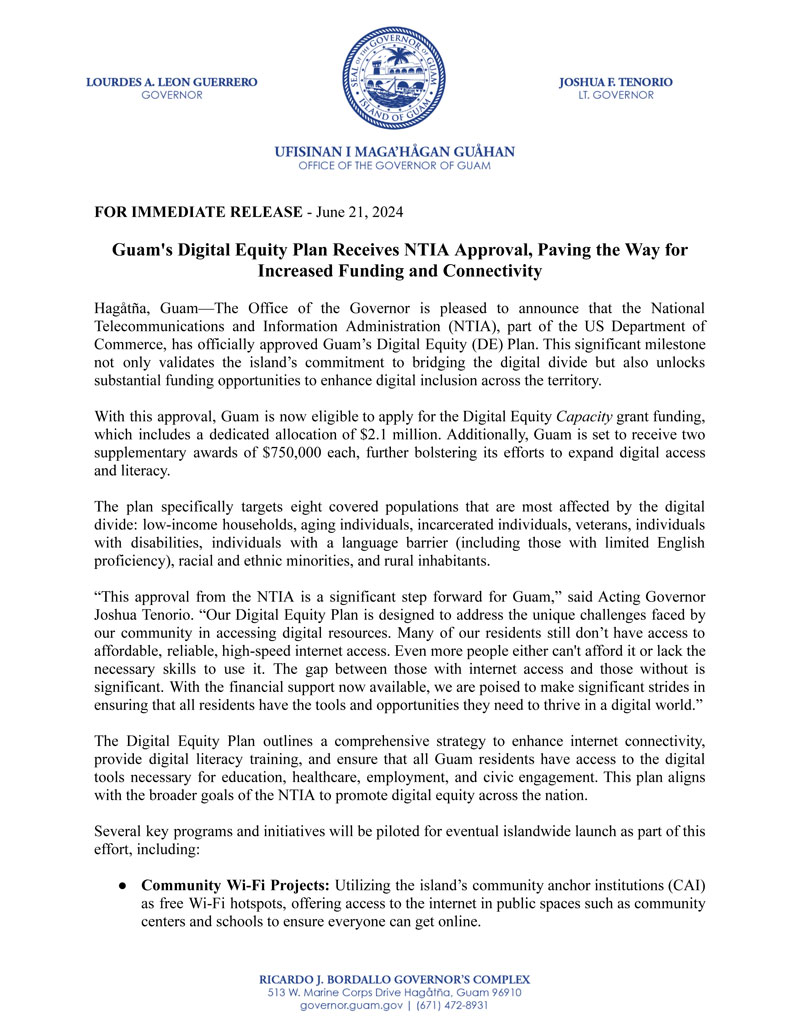 Guam's Digital Equity Plan Receives NTIA Approval, Paving the Way for  Increased Funding and Connectivity